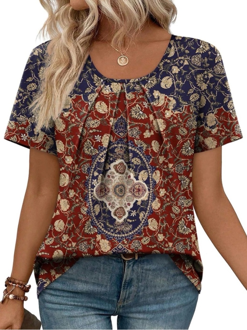 Boho Floral Medallion Short Sleeve Top - Red & Navy - Picture 4 of 5